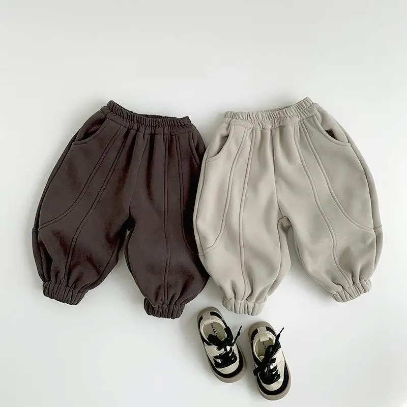 

Winter New Children Fleece Sweatpants Solid Baby Boys Loose Trousers Cotton Girls Plus Velvet Thick Casual Pants Kids Warm Pants