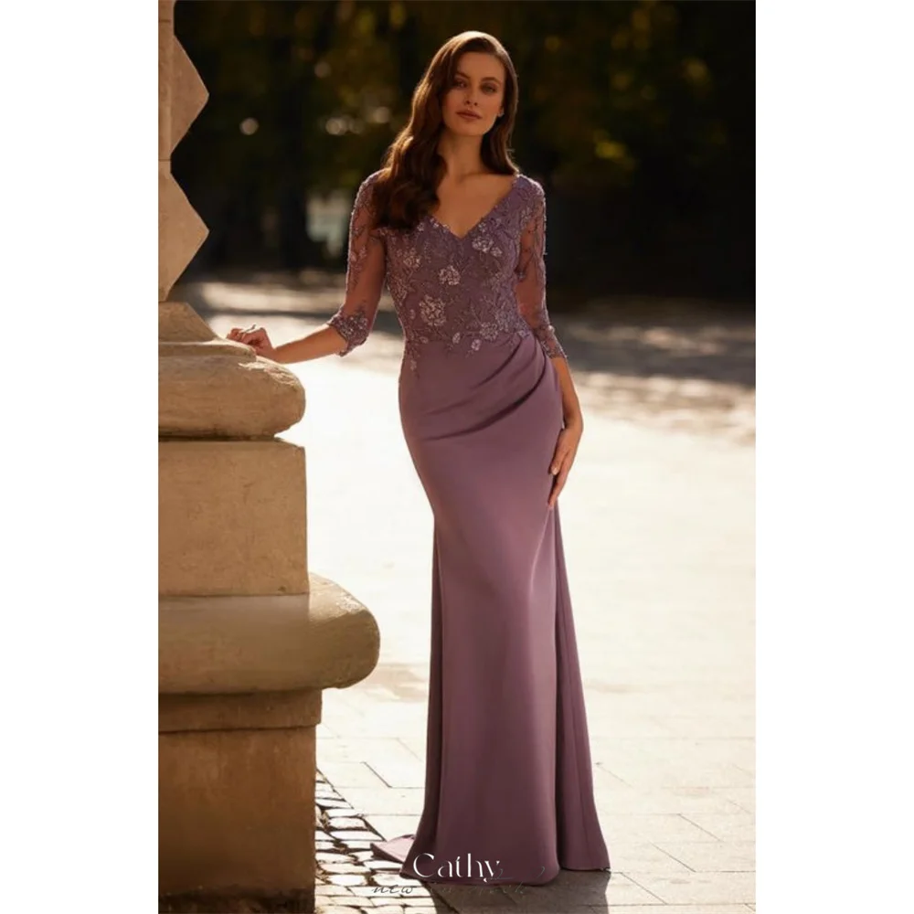 

Cathy Customized Purple V-Neck Lace Embroidery Prom Dresses Mermaid Sheer-Sleeved vestidos de noiva Floor-Length Formal Evening
