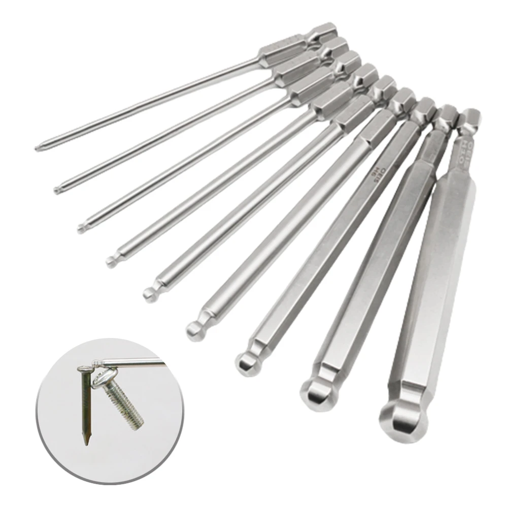 9-teiliger Kugelkopf-Sechskant-Schraubendreher-Bit-Satz 1/4'' Sechskantschaft 50/75/100mm Magnetischer Schraubendreher-Holster H10 H8 H6 H5 H4 H3 H2.5 H2 H1.5 Reparaturwerkzeug – Detail 3