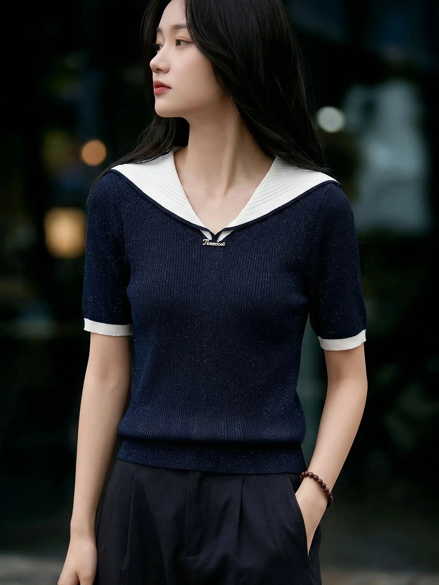 

Chivirin Navy Collar Short Sleeve Knitted T-Shirt Women's Slim Fit Casual Top Color Block College Style Summer New Arrival