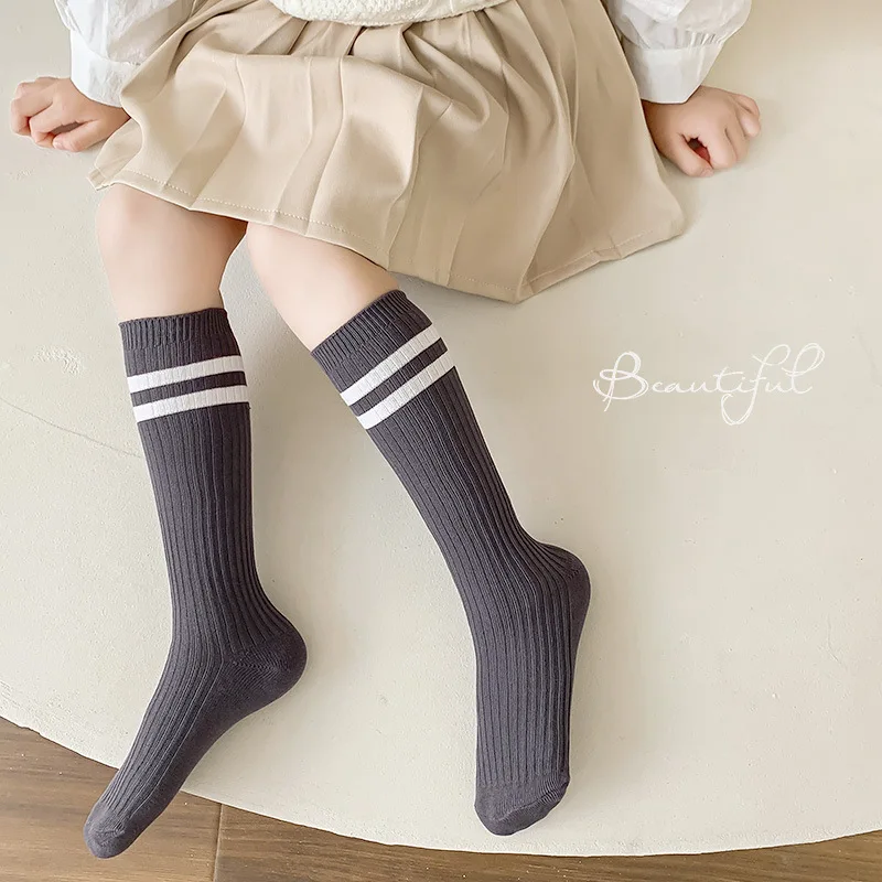 Autumn Warm Children Length Knee Socks Pure Cotton Black White Striped Boys Girls  College Style Sports Socks For 1-12 Years