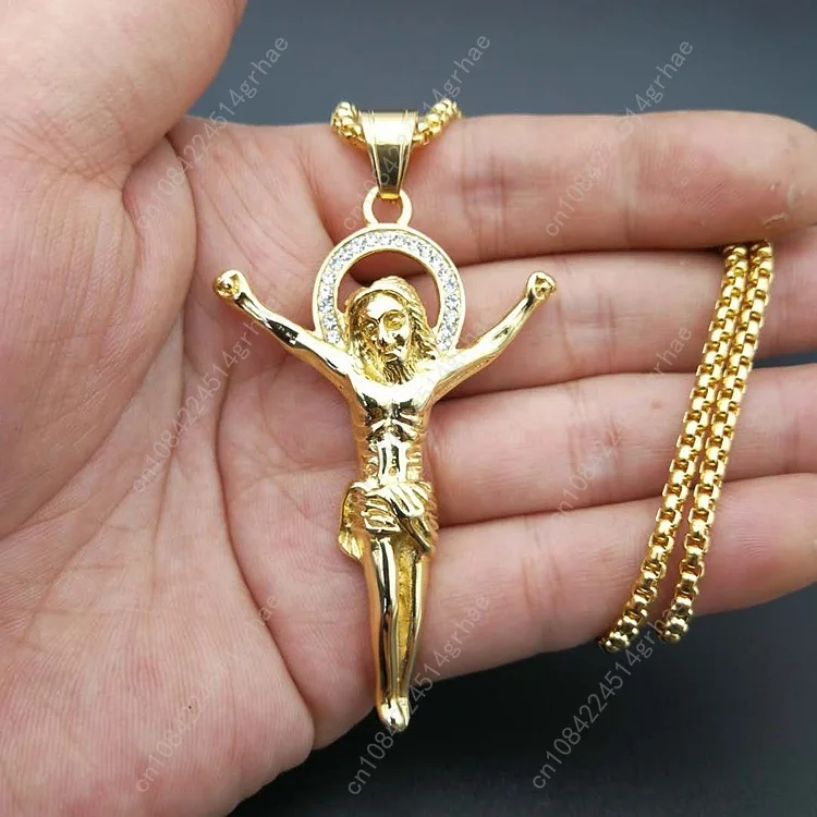 Grande collana in acciaio inossidabile 316L catena color oro gioielli cristiani Gesù crocifisso collana con ciondolo croce da uomo per uomo