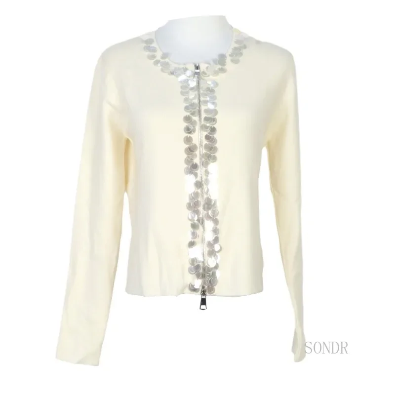 Zipper-up White Cardigan with Sequins Trim 2024 Autumn Winter Tops Women Round Neck Knitted Cardigan Slim Fashion Sweater Mujer