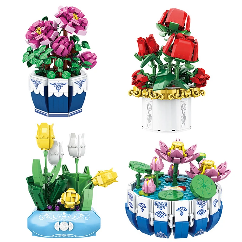 

Mini Potted Building Blocks Flower Rose Tulip Plant Bonsai Bouquet Model Ornaments Children's Educational Toys Girlfriend Gift