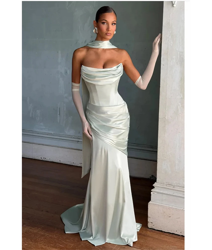 

MCDV Customized Sexy Satin Mermaid Ribbons Evening Dress High Quality Strapless Sleeveless Floor Length Bespoke Occasion Gowns