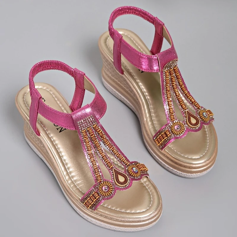 Fashion Platform Wedges Soft Leather High Heel Sandals Women Summer New Cozy Vacation Rhinestone Bohemian Beach Cool Sandals