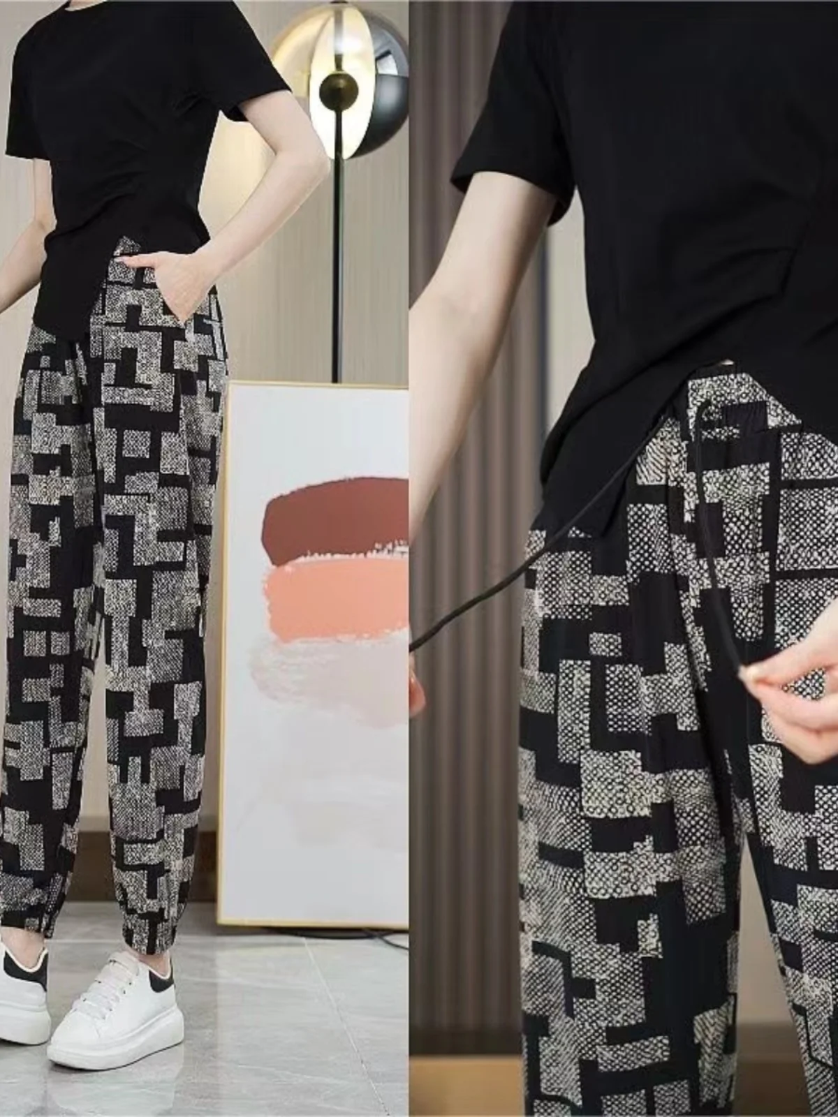 Women's Ice Silk Nine-Foot Loose Casual Pants High Waist Bunching Mosquito-Resistant Plaid Harlan Shake-Shape Thin Style