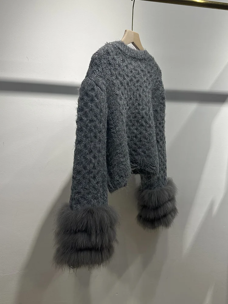 2026 Autumn Short Sweater Coat Real Fox Fur Knitted Sweater Real Fur Full Sleeves Women Female Coats view 4