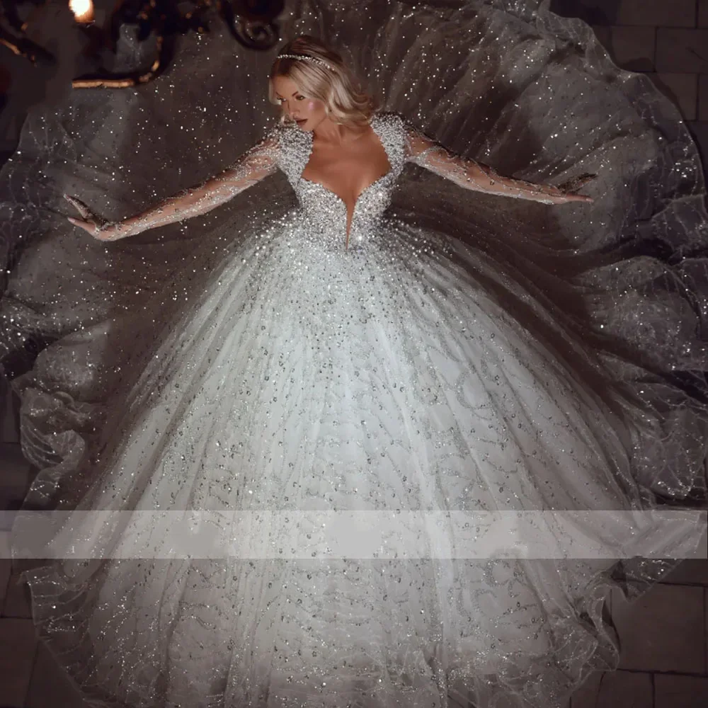 Luxury Royal A-line Lace Crystal Beaded Women's Wedding Dress Sexy V-neck Transparent Long Sleeve Palace Bridal Dress Customized