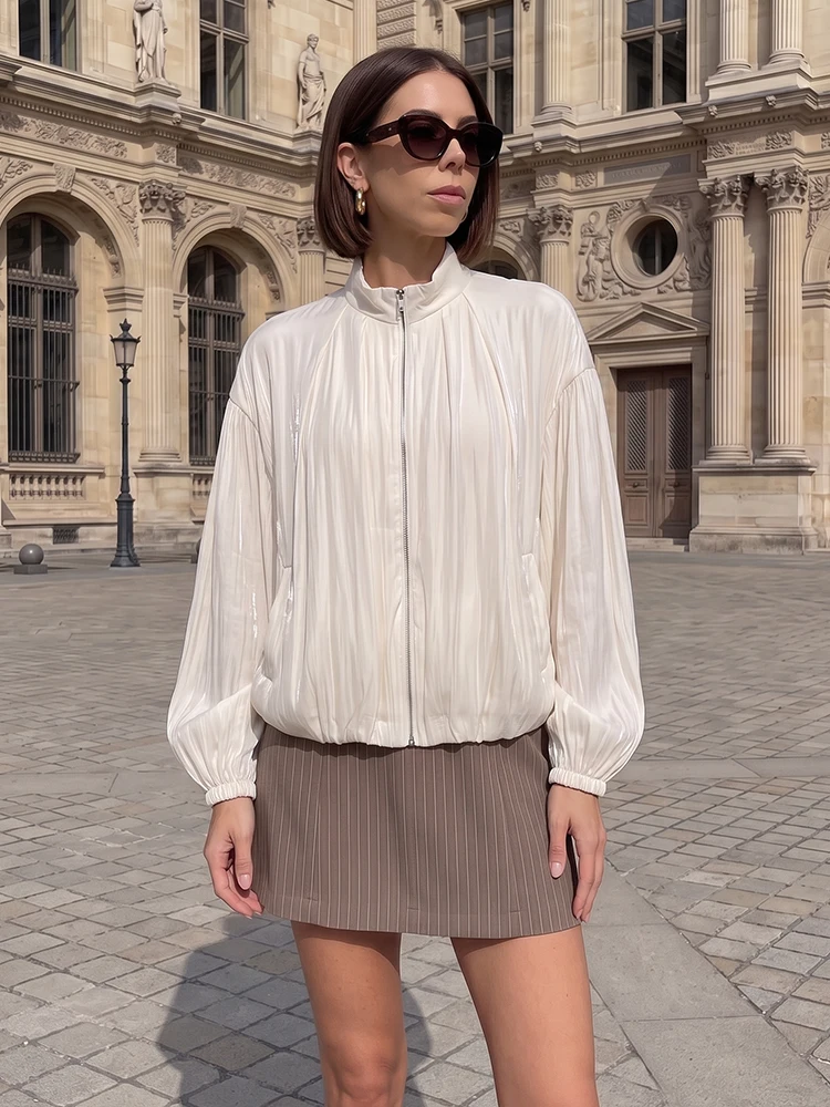 HH Glossy Lightweight Cropped Jacket For Women Cream Stand Collar Full Zip Loose Puff Elastic Hem Casual Commuting Thin Coat