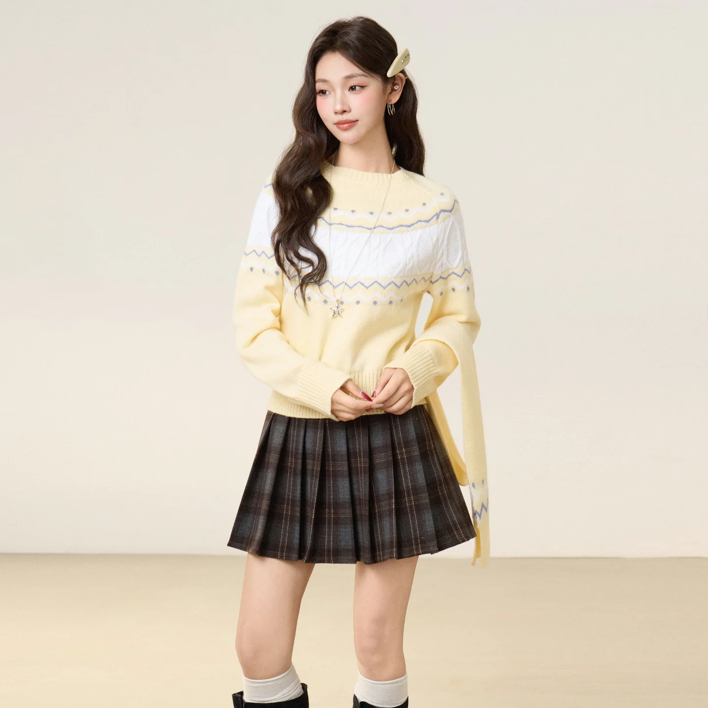 

Cream Yellow Pullover Sweater For Women 2026 Autumn Winter Long Sleeve Thick Knitted Top