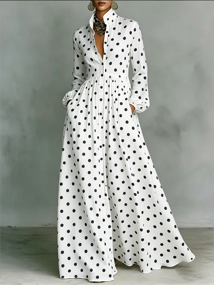 

Elegant High Waist Swing Long Dress Women Stand Collar Pockets Pleated Maxi Dress Spring Long Sleeve Button Evening Dress