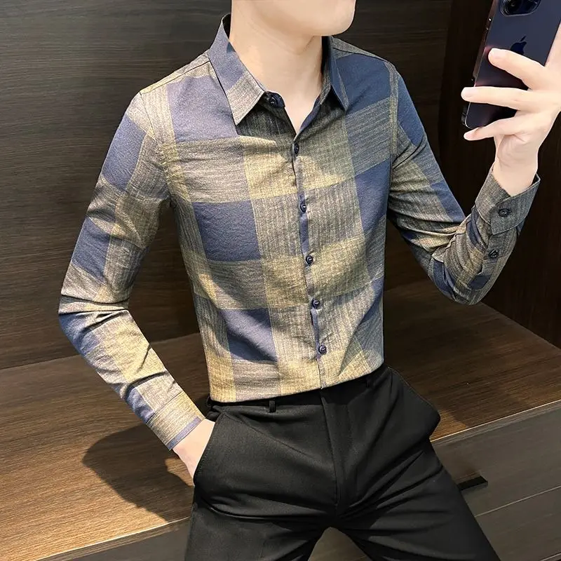 

Men's Plaid Long Sve irt Autumn Faionable Haome High End Sensation Loose Fit Polyester Youthful Trend 2025 New Arrival