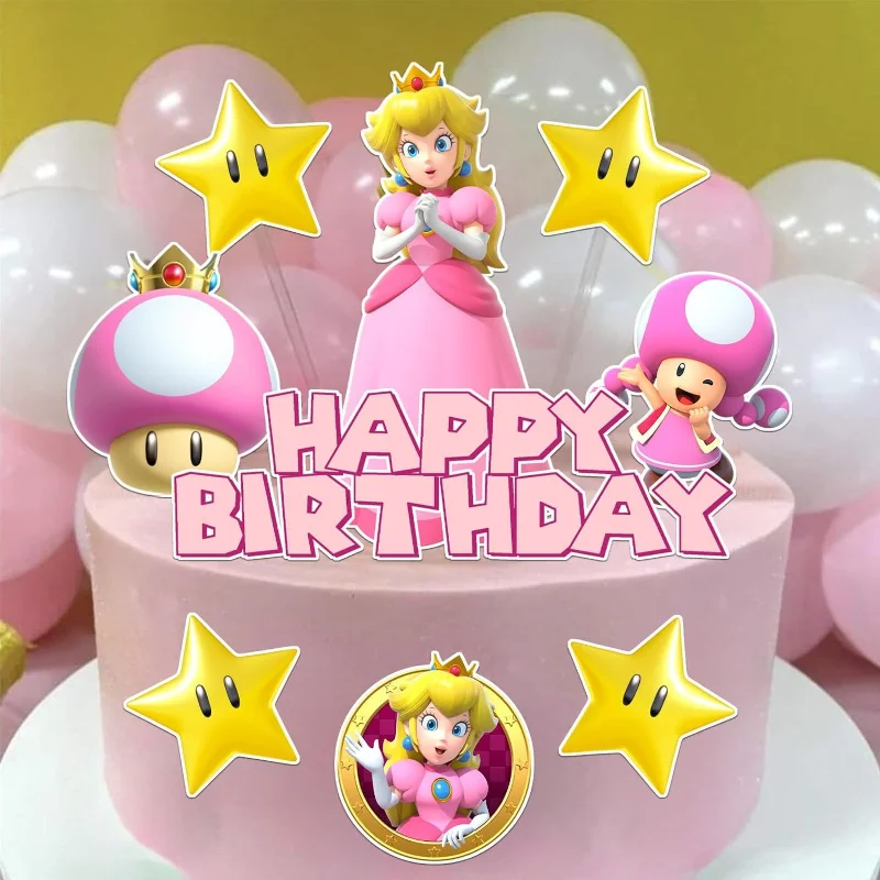 Adorno para tarta con tema de melocotón de Super Mario Bros, adorno para tarta de feliz cumpleaños con dibujos animados para niños, decoración para magdalenas, suministros para Baby Shower, regalos