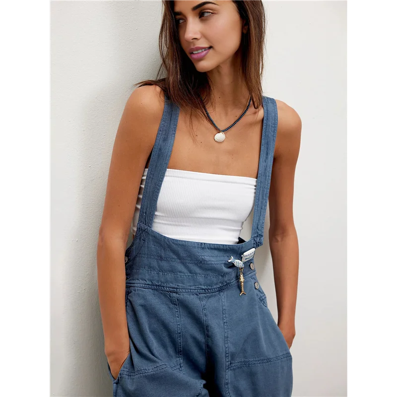 NUOVA tuta da donna con pagliaccetto regolabile in denim senza maniche laterale casual allentata con tasche