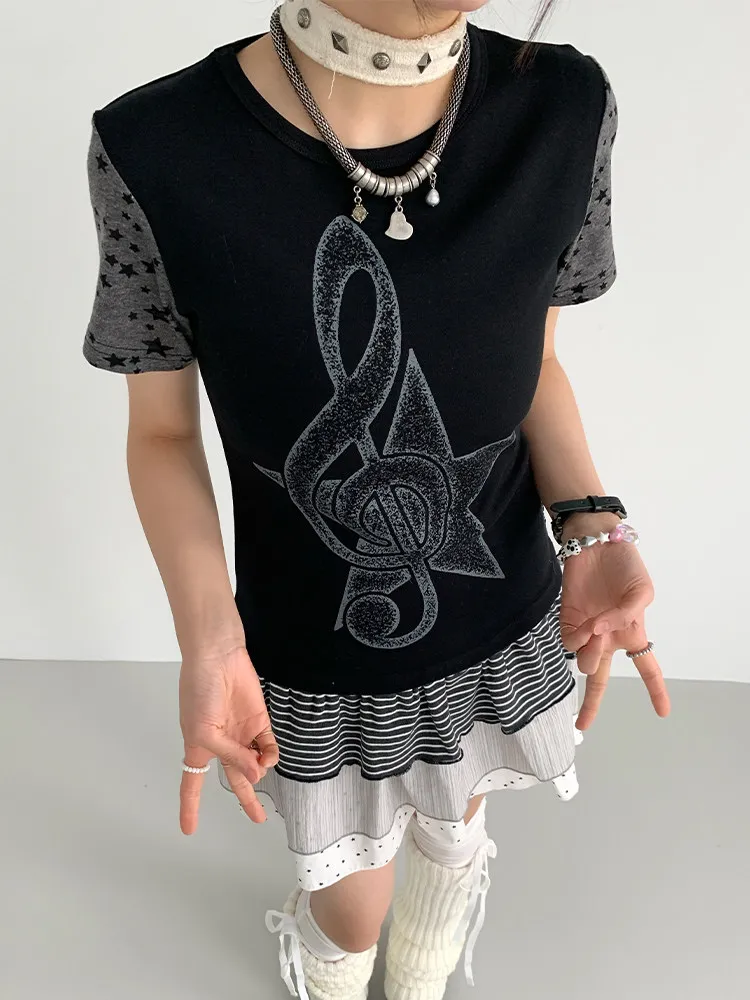 2000s Y2K Millennial Subculture Star Note Print Ort Sve T-shirt Women Summer New Splicing Color Blo Slimming Set Casual Fashion