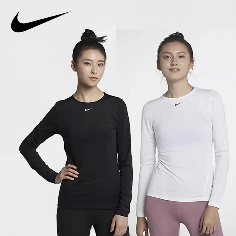 Nike-ropa deportiva de manga larga para mujer, transpirable con cuello redondo de alta elasticidad prenda deportiva, secado rápido, ideal para Yoga