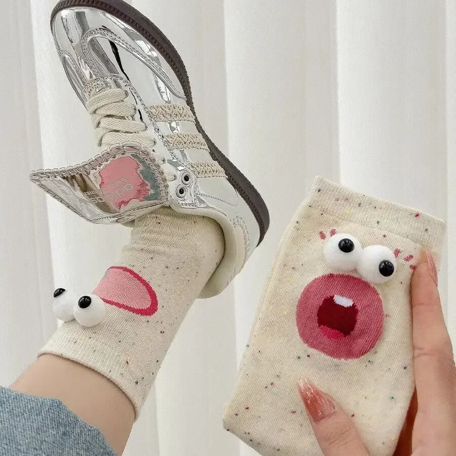 3D Cartoon Face Style Sockings Beige Polka Dot Women's Cotton Socks Cute Funny Spring/Autumn Japanese Lovely Couple Long Socks