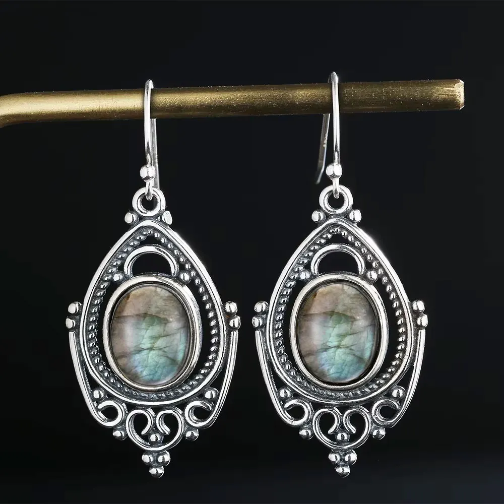 

Серьги овальные из натурального Лабрадорита 8 х10 мм, серьги из стерлингового серебра 925 пробы в ретро стиле, ювелирные изделия для ушей, подарок для женщин