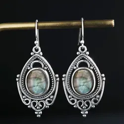 Oval 8X10MM Natural Labradorite Earrings Silver Plated Earrings Retro Ethnic Party Ear Jewelry for Women Gift