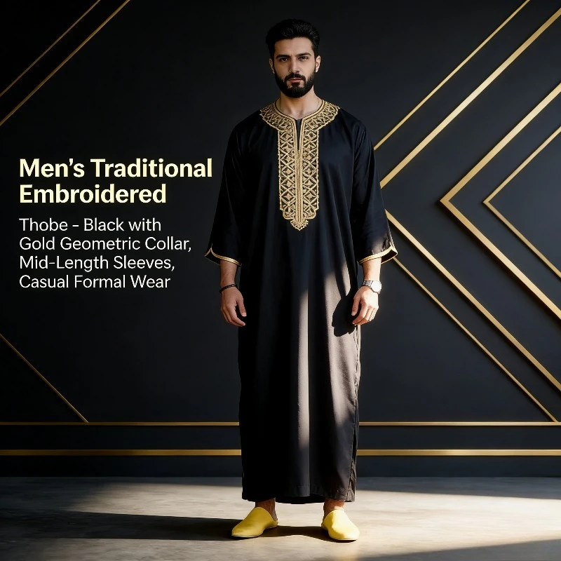 Men's Ethnic Pattern Embroidery Zipper Hooded Robe Traditional Long Sleeve Pocket Jubba Thobe for Daily Wear Man Islamic Thobe