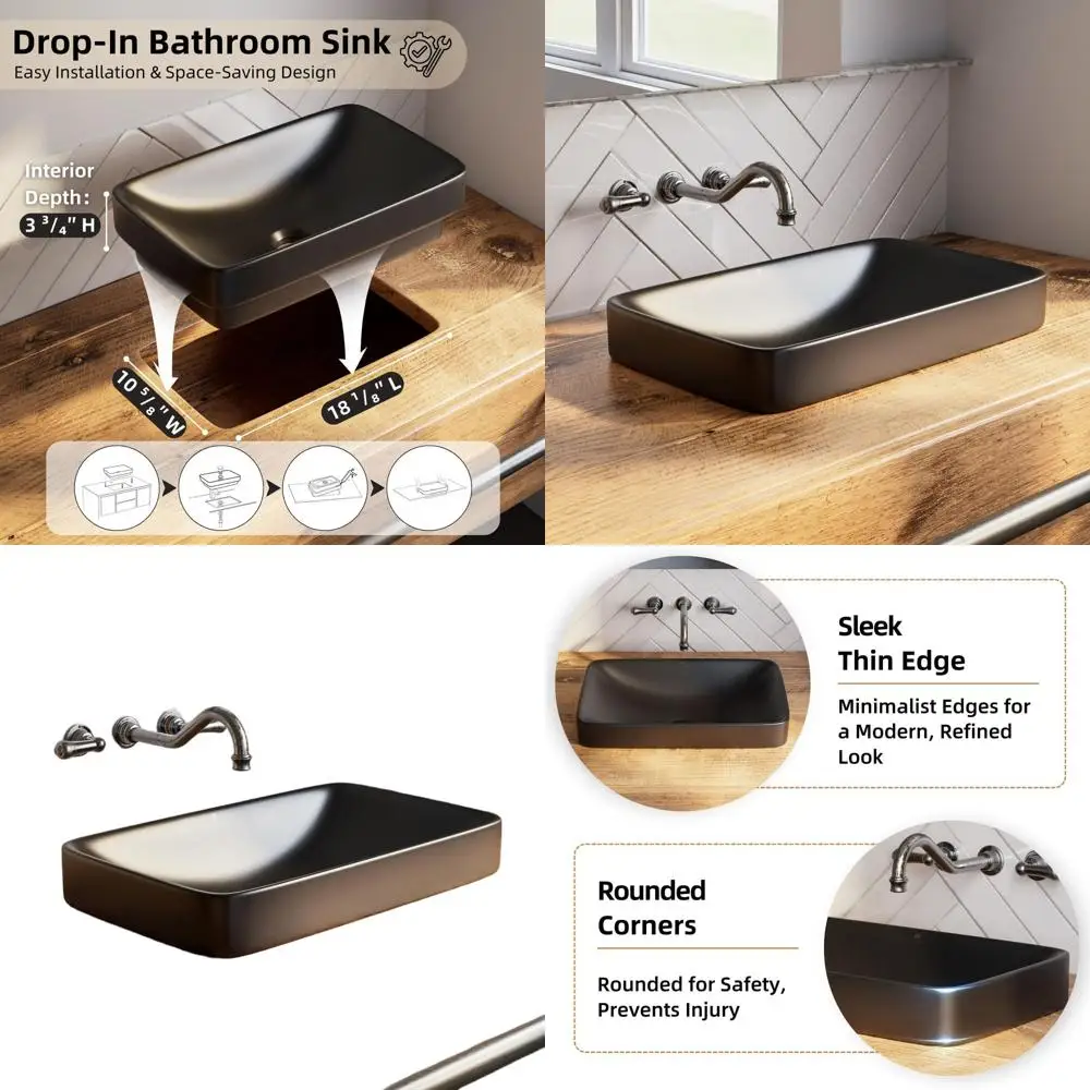 19W x 12D Matte Black Drop-In Bathroom Sink, Semi-Recessed Style with Center Drain, Suitable for Vanity Tops