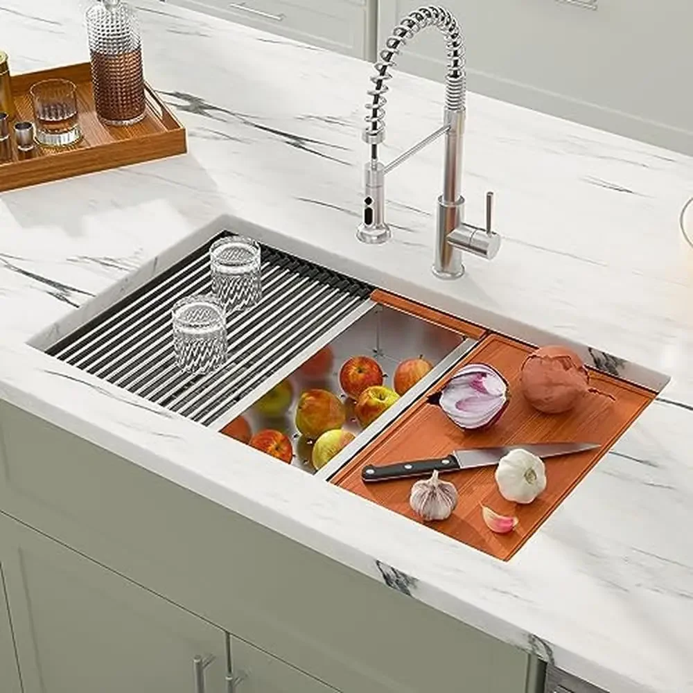 Évier de cuisine en acier inoxydable 30 pouces, poste de travail, grand bol simple sous le comptoir, calibre 16, 304 SS, accessoires d'angle rond inclus