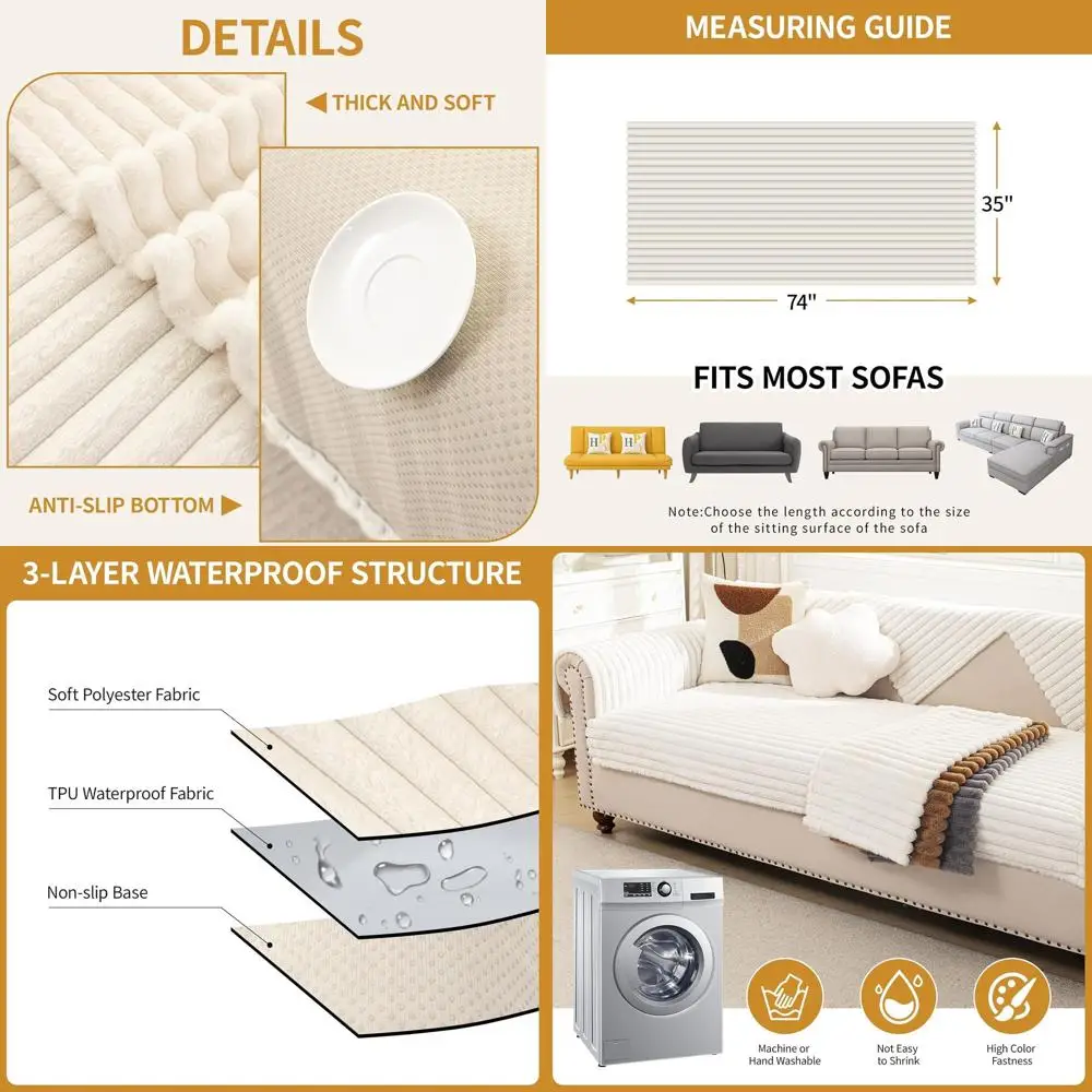 

Pet-Friendly Off-White 3-Cushion Couch Cover, Waterproof & Fuzzy Sofa Protector, 35x74
