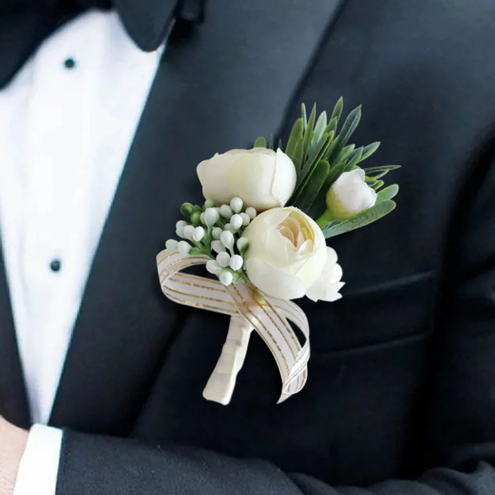 Boutonnieres pernikahan mawar sutra untuk pin bunga pengantin pria Aksesori dekorasi pernikahan lubang kancing Aksesori gading fleurs buatan mariage