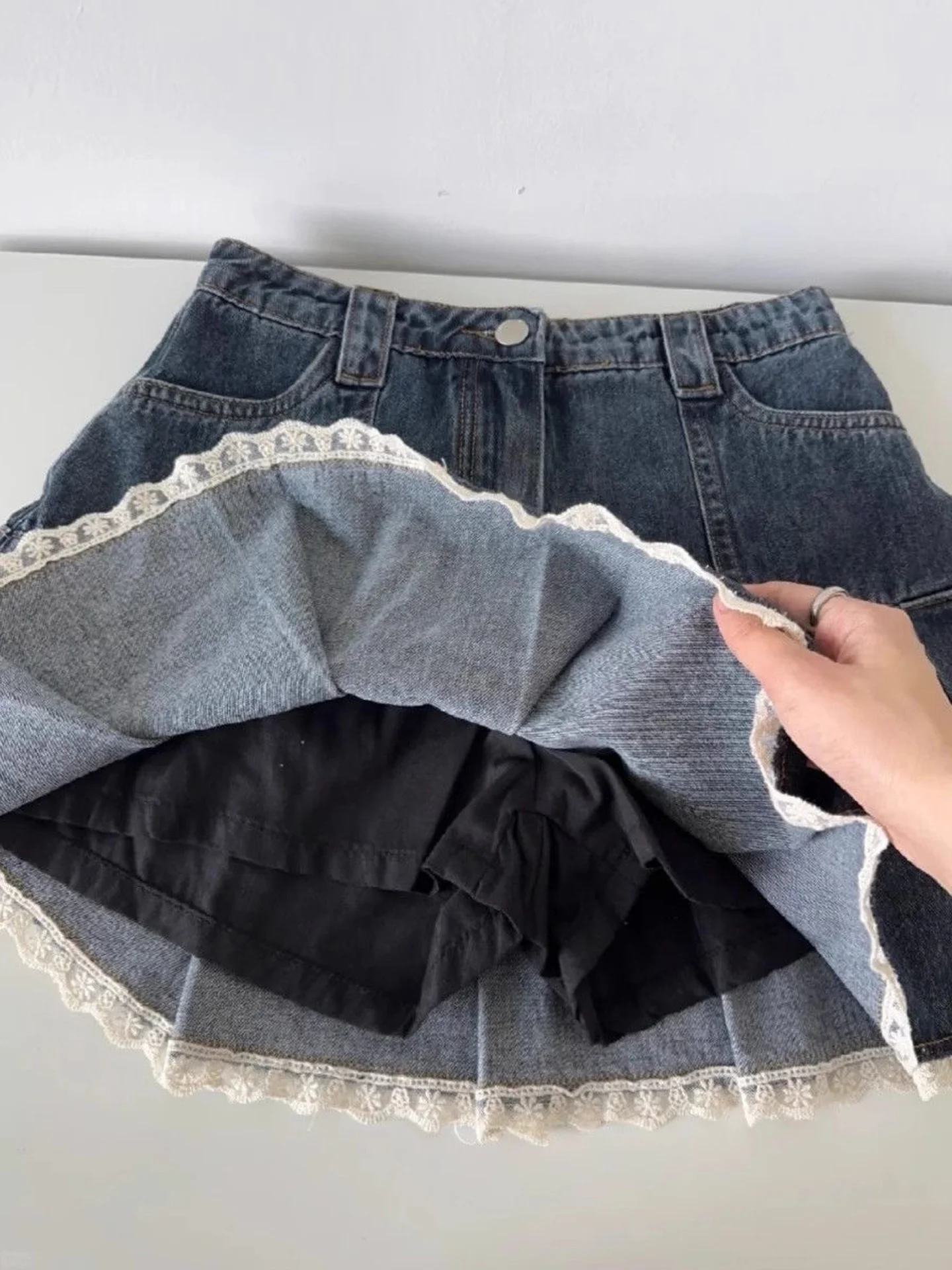 American Style Lace Trim Denim  Skirt Women Summer New High Waist Slimming Patchwork Beautiful A-Line Short Skirt
