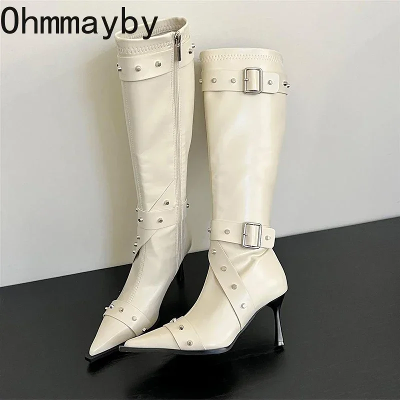 Pointed Toe Women Knee High Modern Boots Fashion Belt Buckle Slim Long Booties Thin High Heel Autumn Winter Ladies Shoes