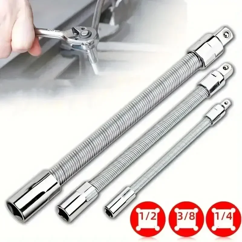 3pcs Wrench Sleeve Extension Rod Socket Wrenches, Drive Head Bendable 1/4 3/8 1/2 Drive Flexible Socket Extension Bar Ad