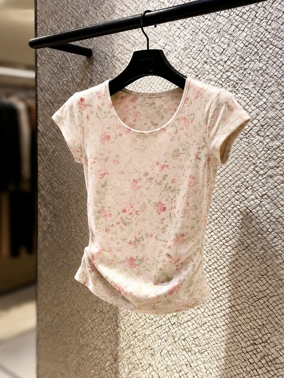 

Soft Floral Print Square Neck Slim Fit Short Sleeve T-Shirt Women's Summer Korean Style Ageless Versatile Comfortable Top