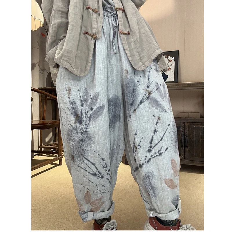 

2026 New Arrival Spring Women Tie Dye Design Cotton Linen Ankle-length Pants Casual Loose Elastic Waist Print Harem Pants Y169