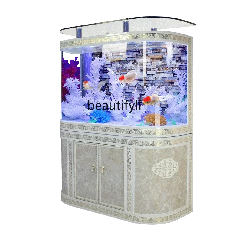

Living room large floor-to-ceiling luxury against the wall ecological water-free bottom filter European goldfish tank