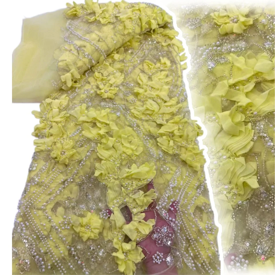 

France Luxury 3D Flower Embroidery Lace Fabric 2026 Africa Sequin Beaded Lace Fabric for Bridal Wedding Dress Sewing 2728