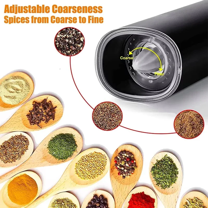 Kitchen Spice Mill Automatic Grinder With LED Light Battery Operated Adjustable Coarseness Gravity Electric Salt Pepper Grinders