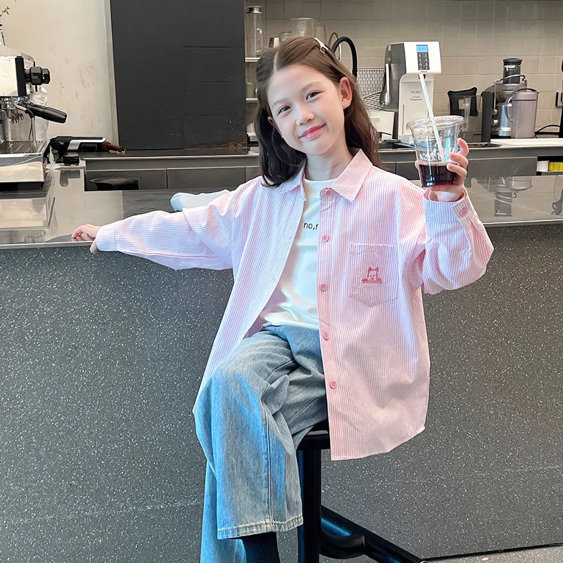 

Children's Stylish Striped Shirt for Girls, Loose Long Sleeve Shirt, Big Kids Cardigan Top2025New Spring and Autumn Clothing