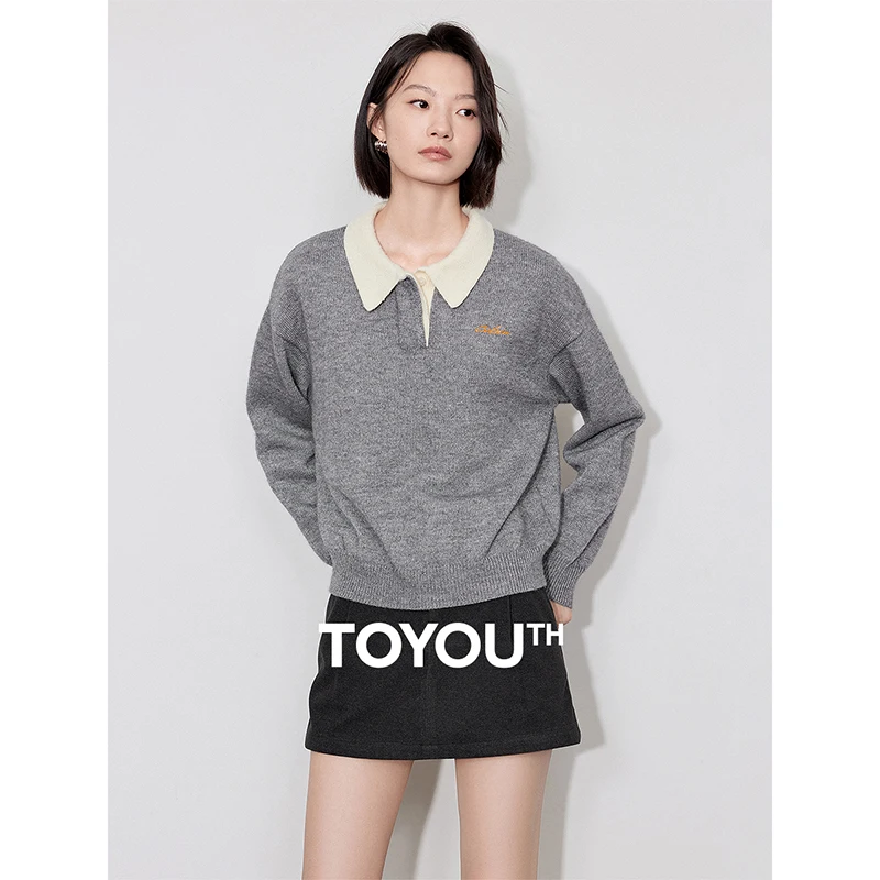 TOYOUTH Women Fake Two Piece Sweater 2024 Autumn New Turn Down Collar Contrasting Color Long Sleeve Pullover Knitted Sweater Top