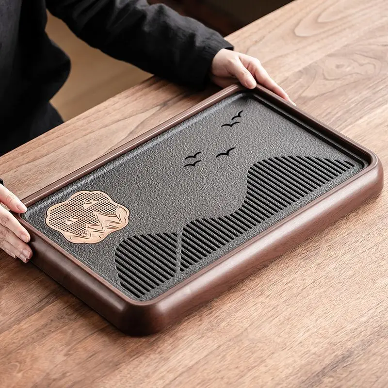 black gold stone tea tray, household small drainage tea table, water storage tray, gongfu tea set, draining dry-brewing tea sea