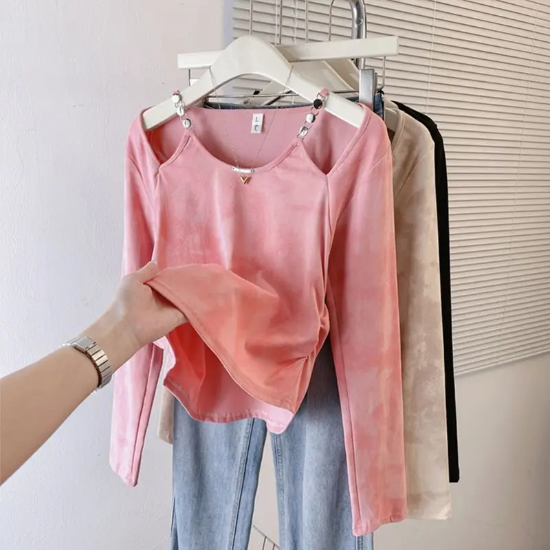 Women Long Sleeve Top Tie Dye Cutout Shoulder Ruched Slim Fit Fashion Casual Tops