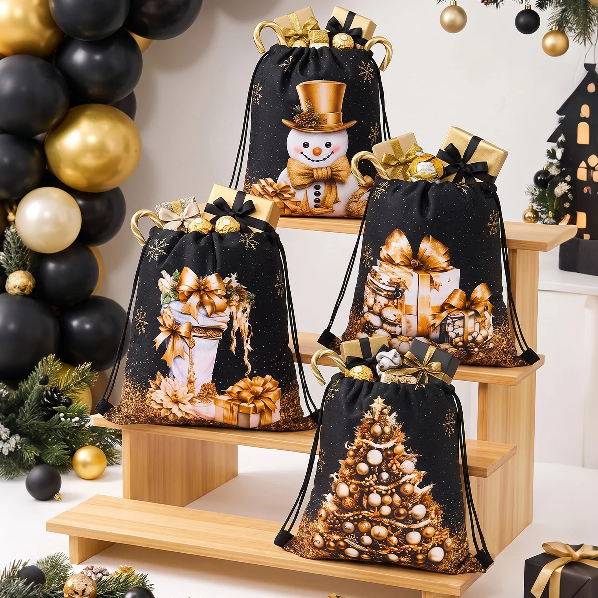 Christmas Black Golden Drawstring Bags Merry Christmas Decor for Home 2026 Xmas Gift Packaging Bags Navidad Natal New Year 2027