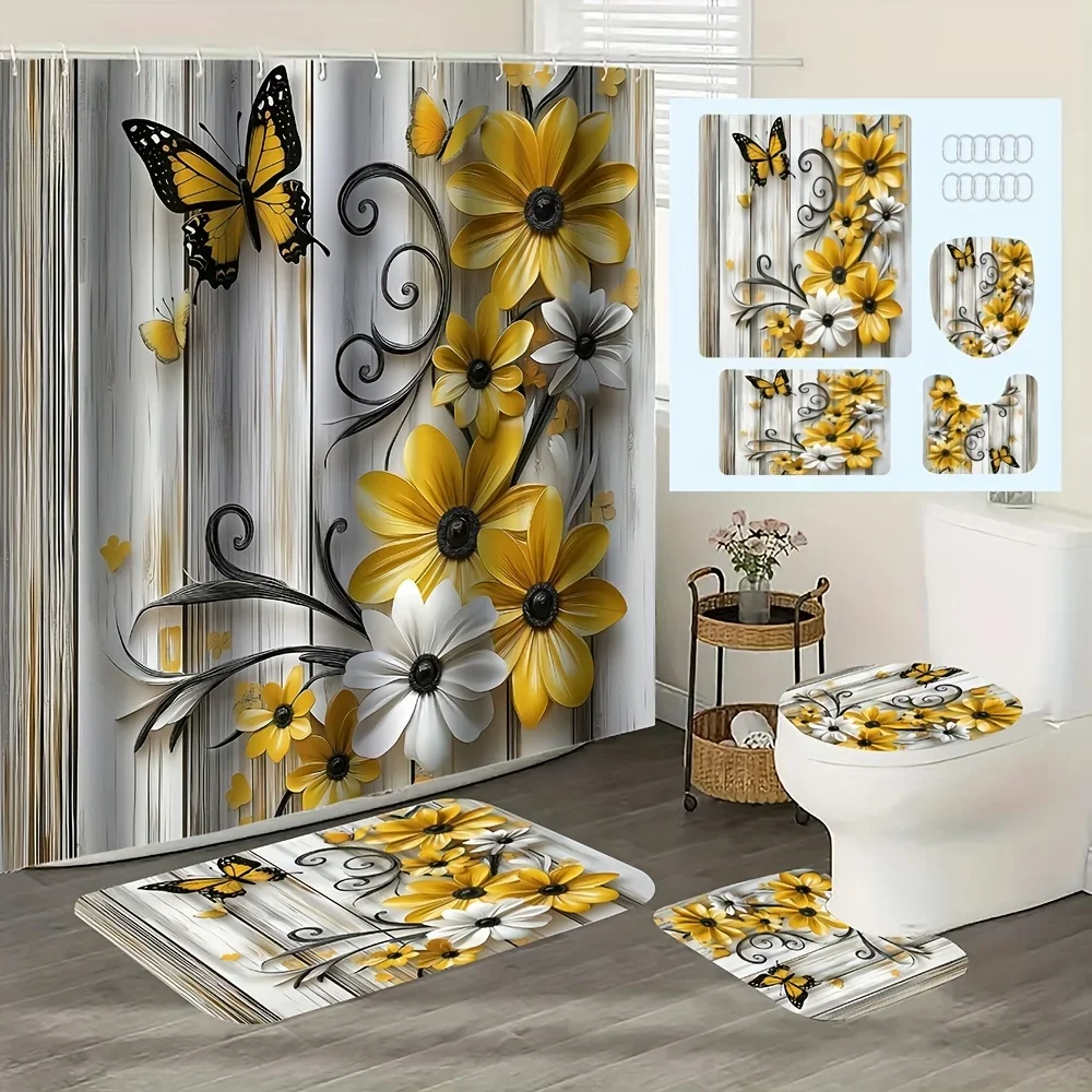 

1 шт./4 шт., комплект занавесок для душа с принтом бабочки и желтых цветов, занавеска для душа, нескользящий напольный коврик, чехол на сиденье унитаза, с крючками