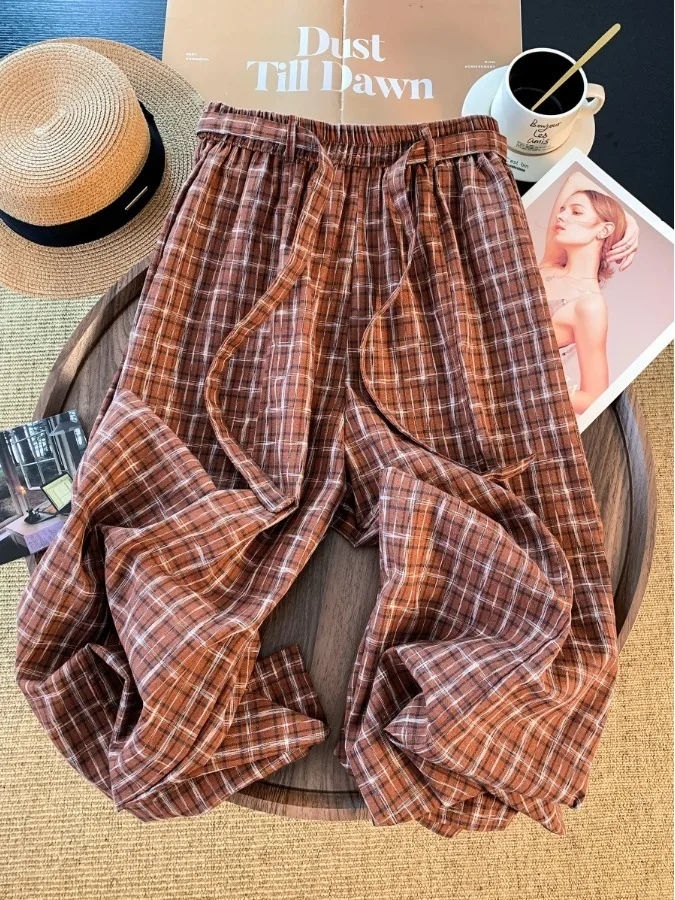 Retro Plaid Wide Leg Pants Women's Loose Drapey Anti-Aging Versatile Straight Long Trousers Slimming Casual Trousers