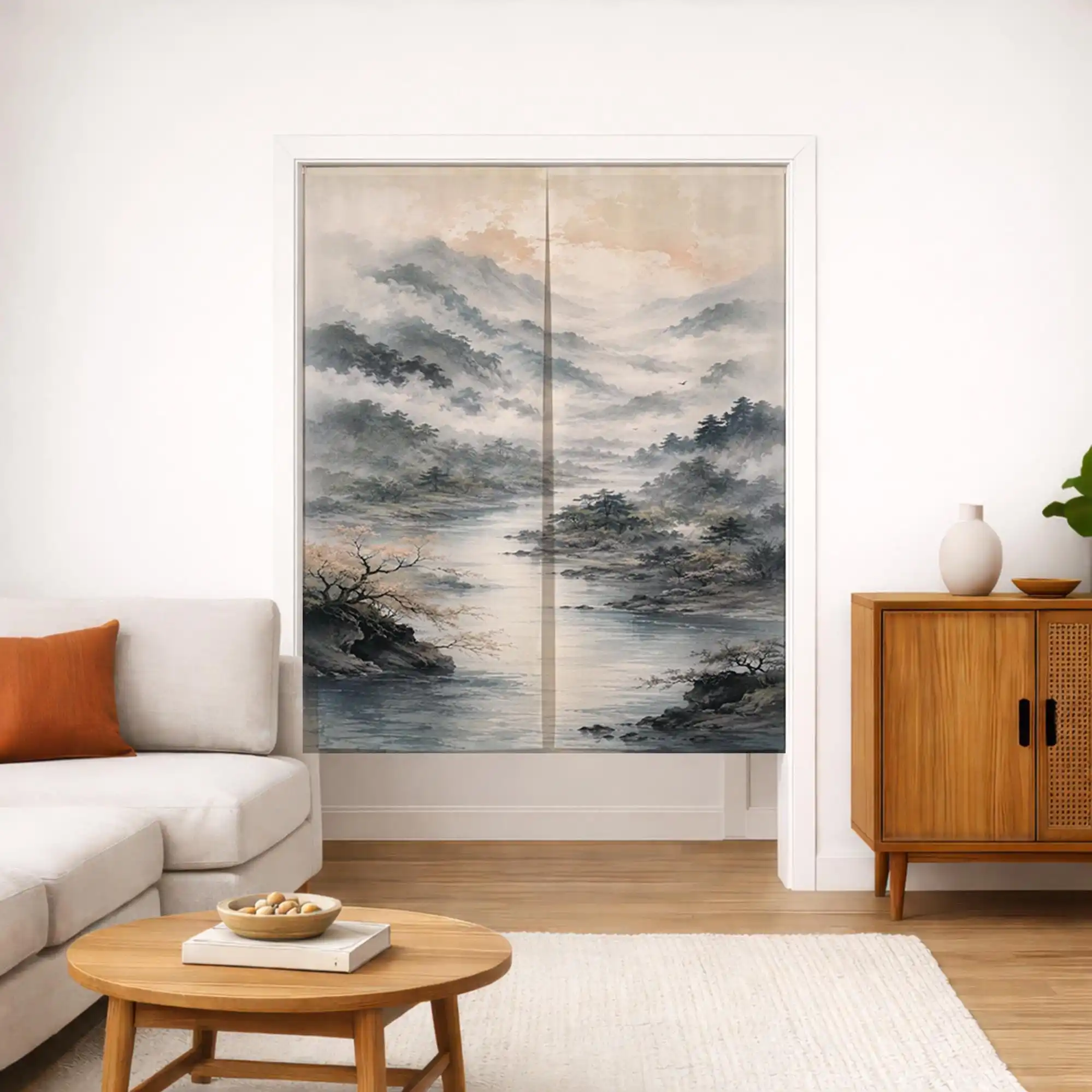 Large Watercolor Landscape Room Divider Screen Indoor Patio Curtain Decorative Sliding Door Panel