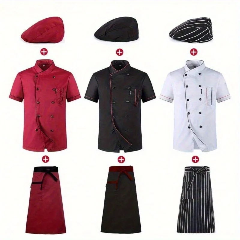 

Chef Uniform 3-Piece Set - Short Sleeve Kitchen Shirt + Apron + Chef Hat,Breathable Cotton Cooking Outfit for Restaurant