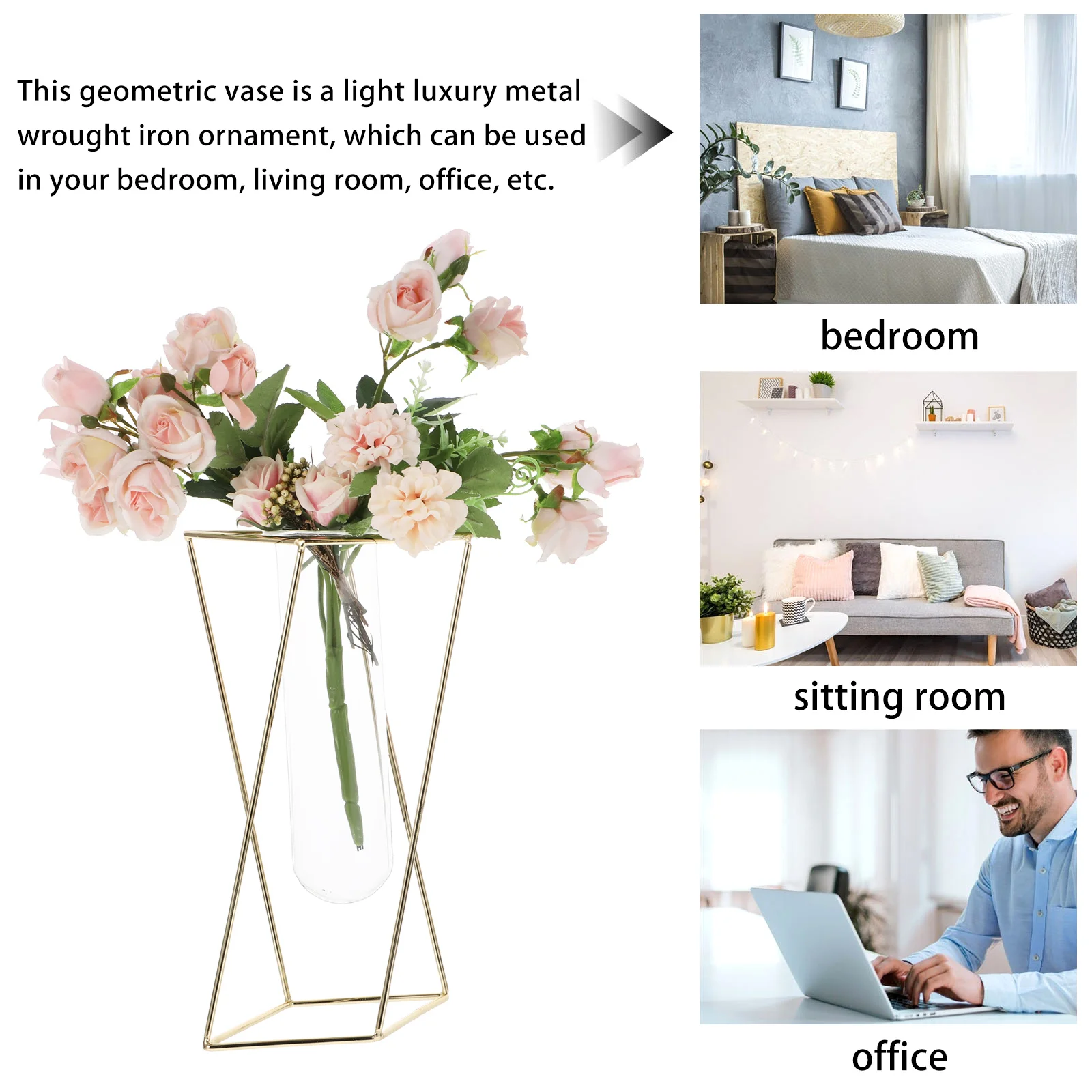 

Geometric Vase Exquisite Glass Iron Flower Arrangement Vase Home Decor Creative Design Long Lasting Home Decor