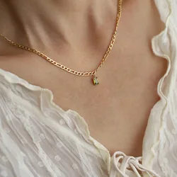 Luxury Exquisite Stainless Steel Green Zircon Pendant Necklace Jewelry Gift for Ladies Stylish Waterproof