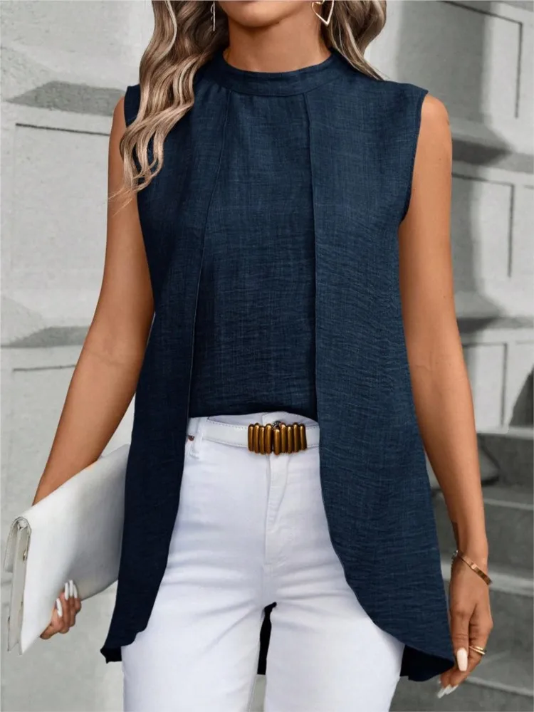 

Новые рубашки из двух искусственных частей для женщин 2024 Модная рубашка без рукавов с круглым вырезом топы Летняя элегантная однотонная блузка Топ женский черный