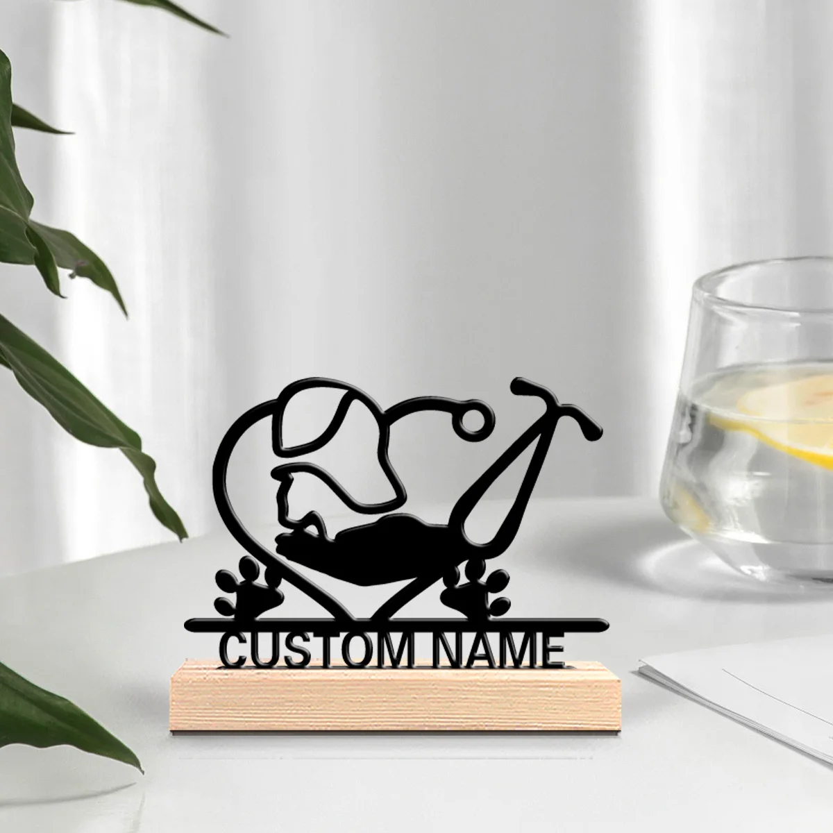1pc Simple Pet stethoscope Custom Text Metal Statue Iron Ornament Art Crafts With Wood Base Metal Ornament For Girl Gifts